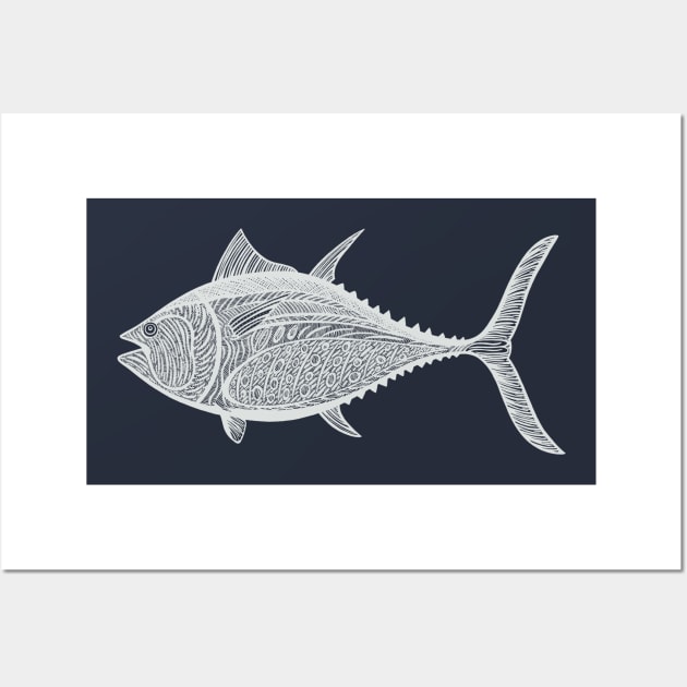 Bluefin Tuna Ink Art - cool fish design - on navy blue Wall Art by Green Paladin